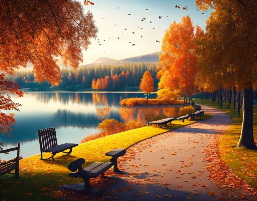 Tranquil autumn landscape with lake, pathway, benches, fall foliage, fallen leaves, and birds