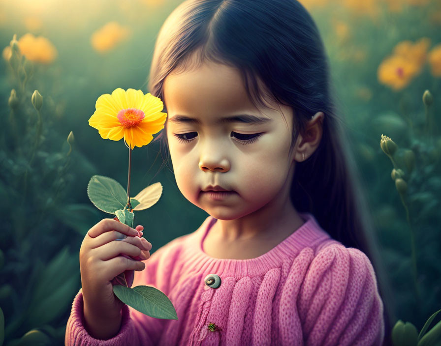 Young girl in pink sweater studies yellow flower in field at golden hour