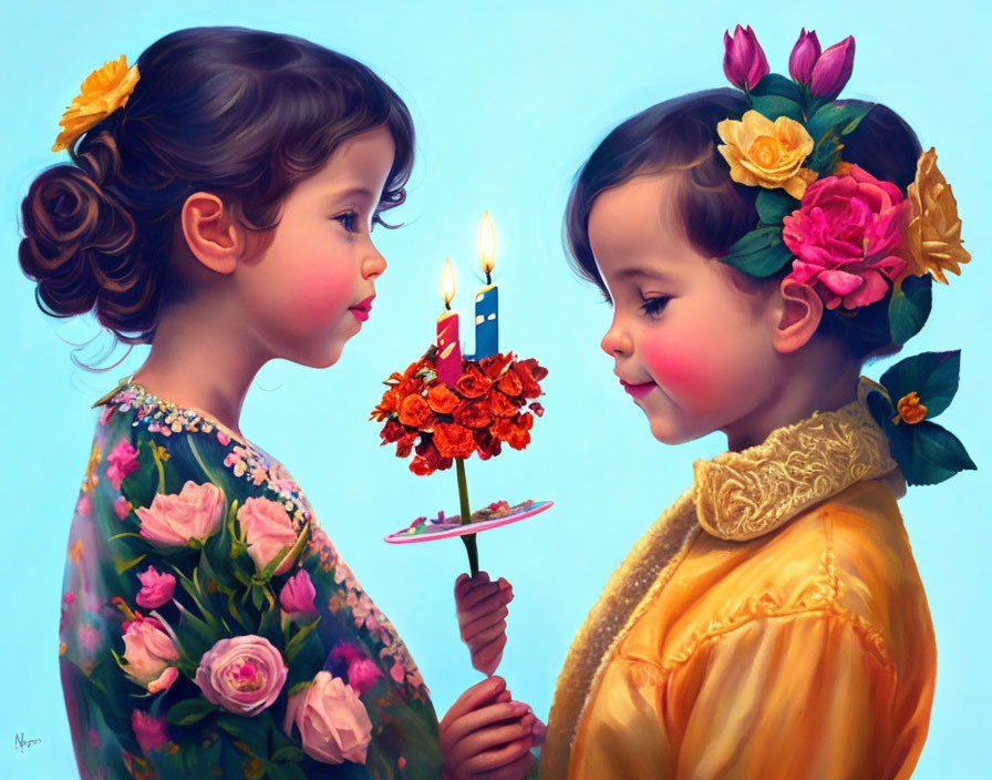 Children with floral adornments and candle-lit bouquet gaze at each other.