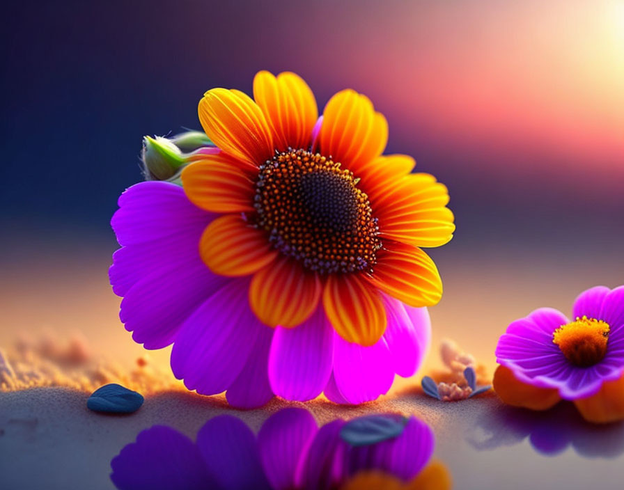 Colorful digital artwork of daisy-like flowers with focus on orange and purple.