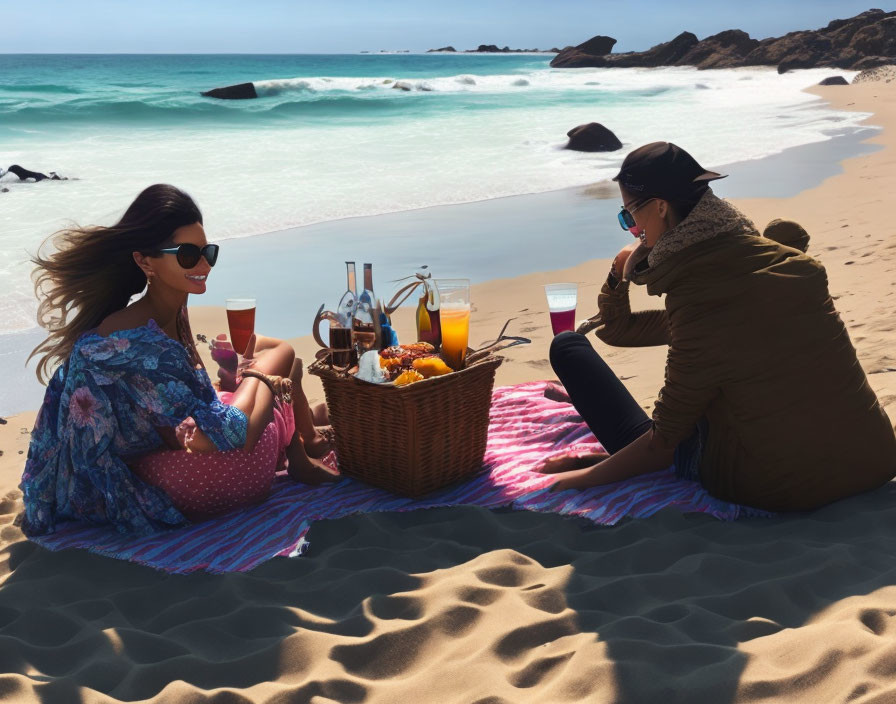 Couple picnic on sandy beach with food and drinks