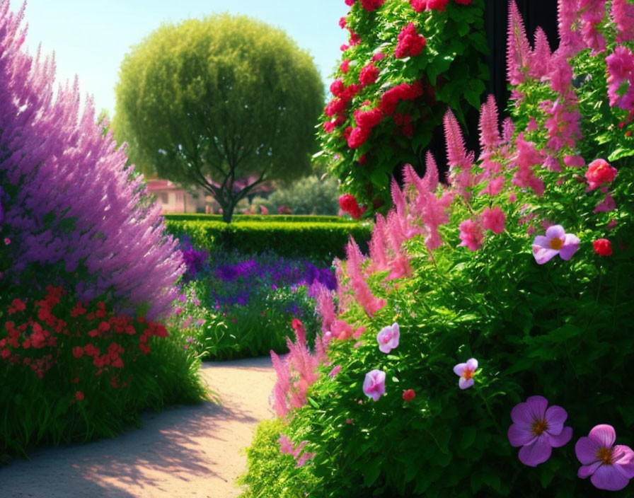 Colorful Garden Pathway with Flowers and Tree Under Sunny Sky