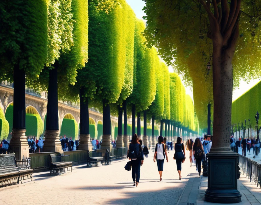 Sunny day stroll along tree-lined promenade