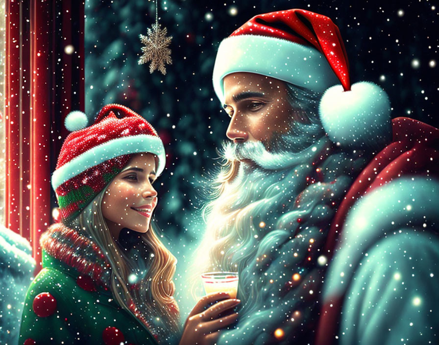 Man and woman in Santa hats share tender moment in snowfall with glowing light.