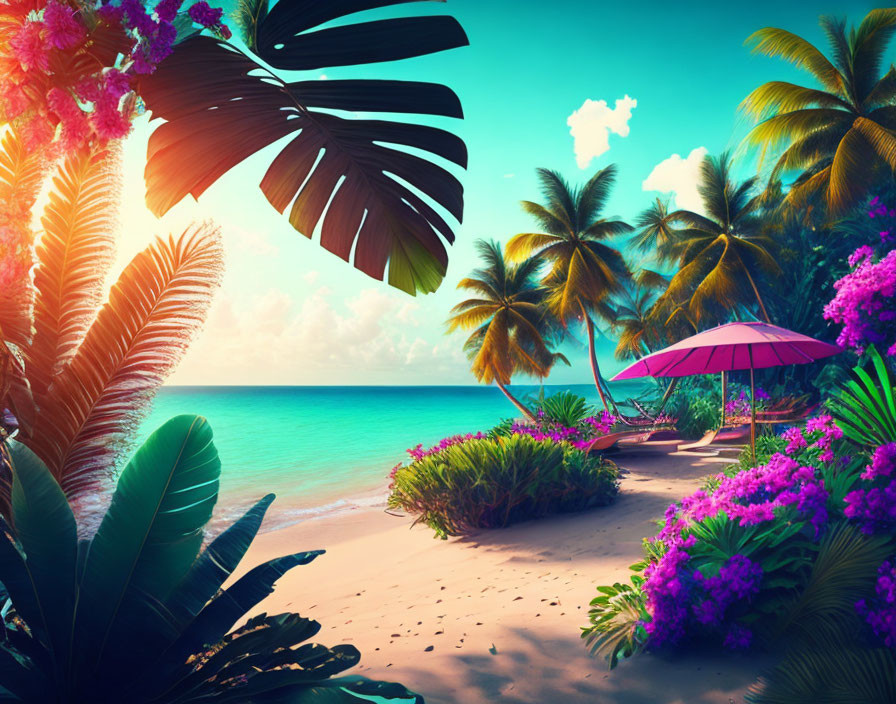 Vibrant tropical beach scene with flowers, palm trees, blue sky, and pink umbrella.