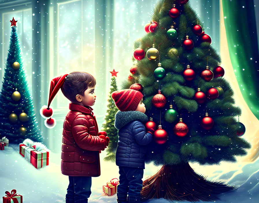 Children in winter attire by Christmas tree with falling snow