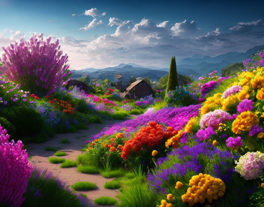 Colorful Flower Garden with Grassy Path and Mountain View