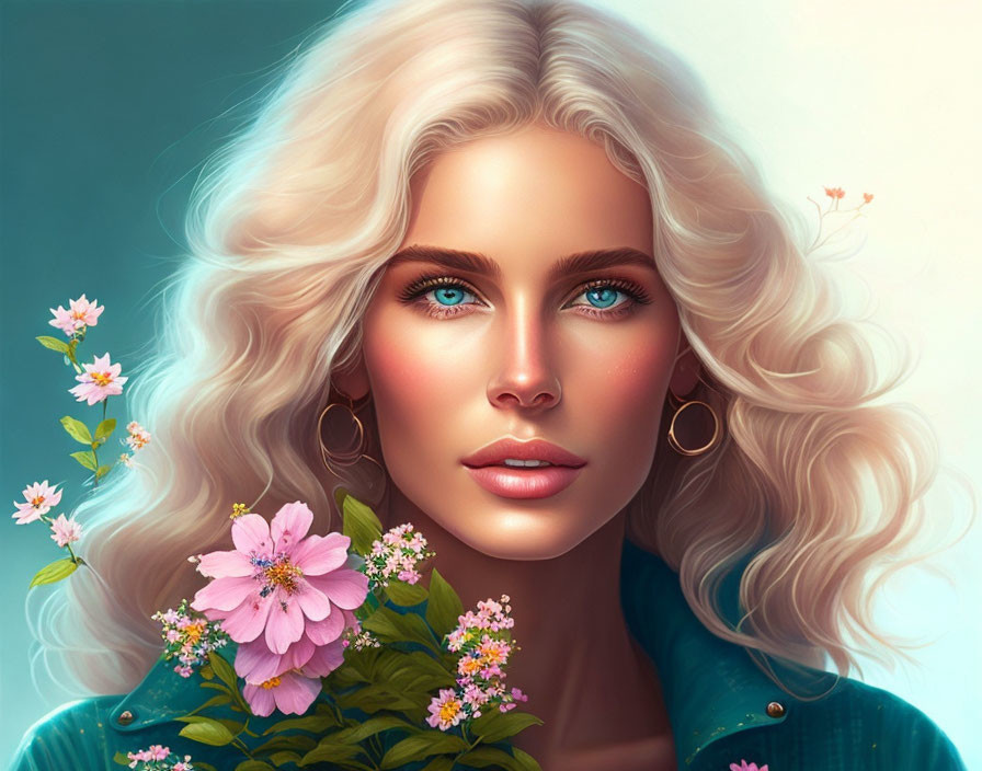 Blonde woman with blue eyes surrounded by flowers illustration