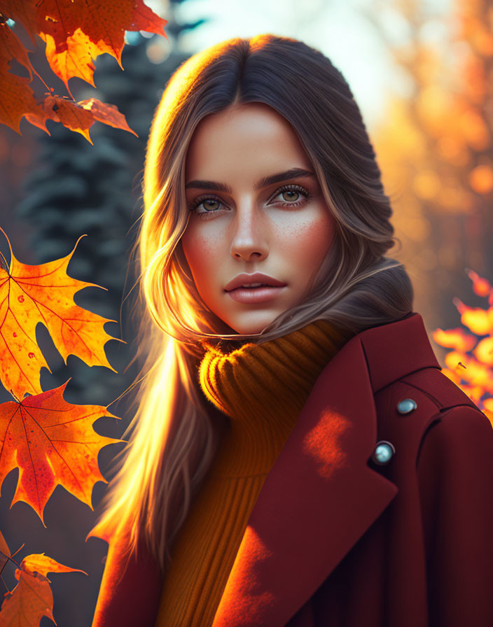 Woman with Long Hair and Striking Eyes in Turtleneck and Coat Among Autumn Leaves