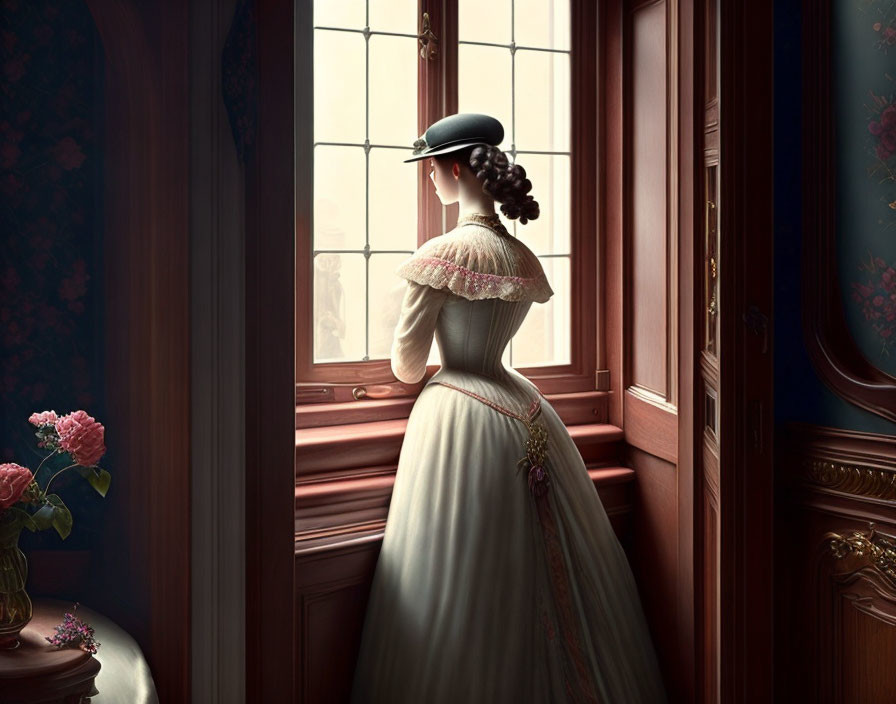 Vintage-dressed woman gazes out window with flowers on table