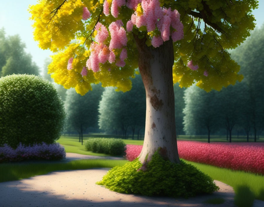 Colorful landscape with blossoming tree and meandering path