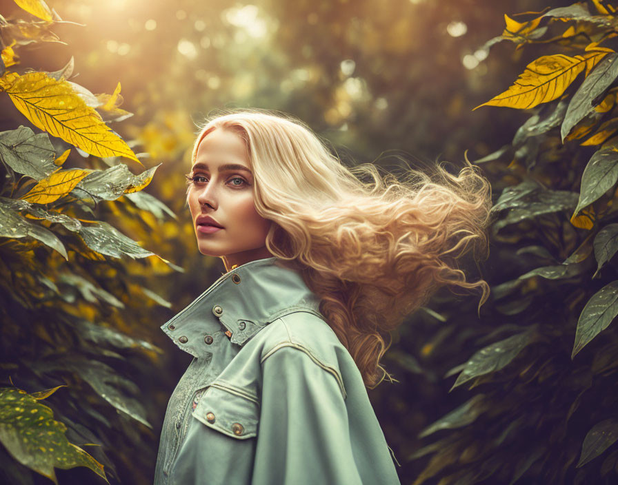 Blonde woman with piercing eyes in green leaves and sunlight