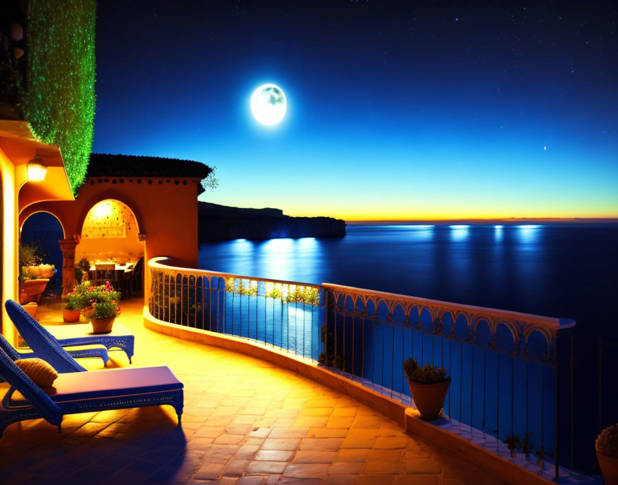 Moonlit Sea View Balcony Overlooking Stars & Architecture