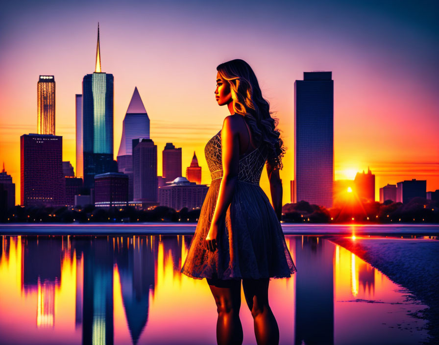 Woman in dress by lake at sunset with city skyline reflected