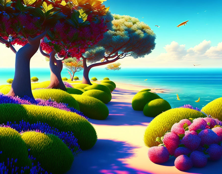 Colorful landscape with lush trees, flowers, beach, and birds.