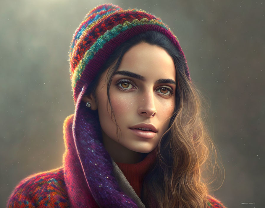 Olive-skinned woman in knitted hat and purple scarf with amber eyes