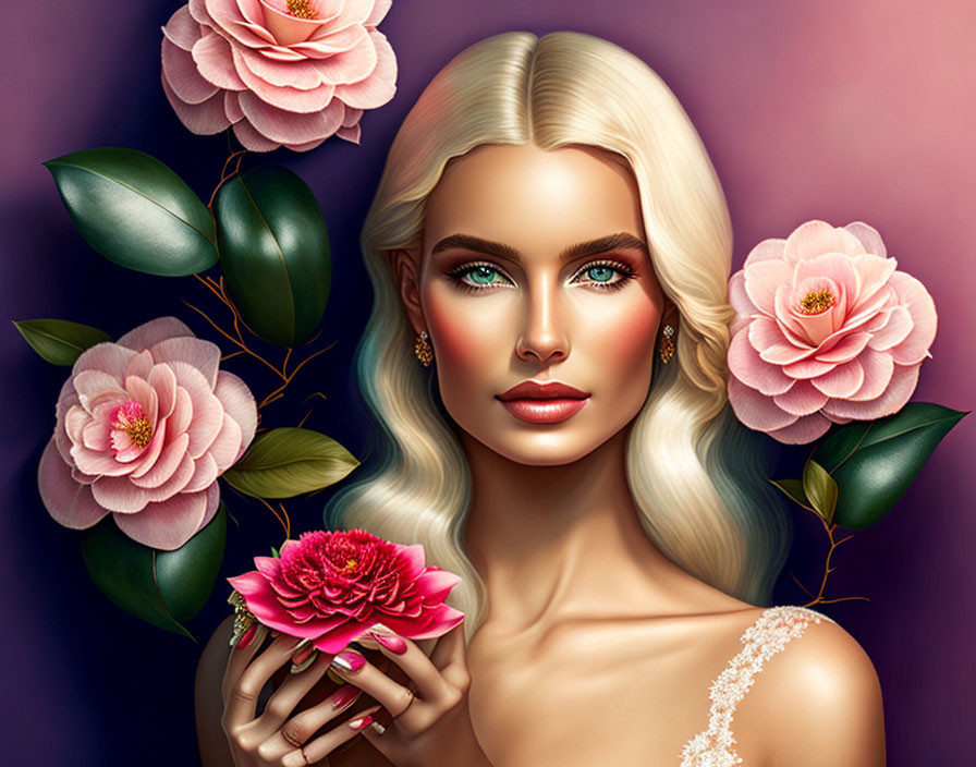 Blonde Woman with Green Eyes Surrounded by Pink Flowers