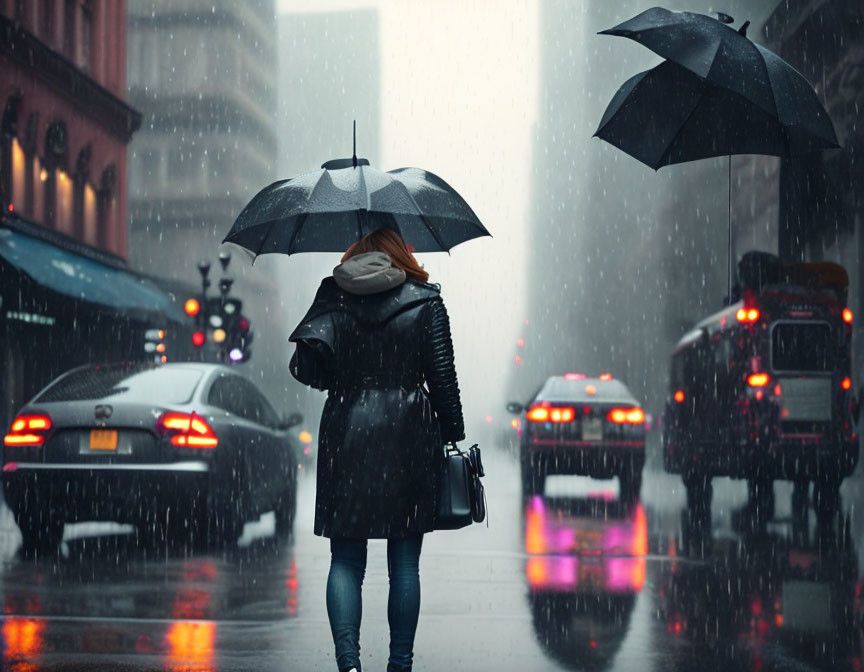 Person with umbrella in rain facing city traffic and brake lights