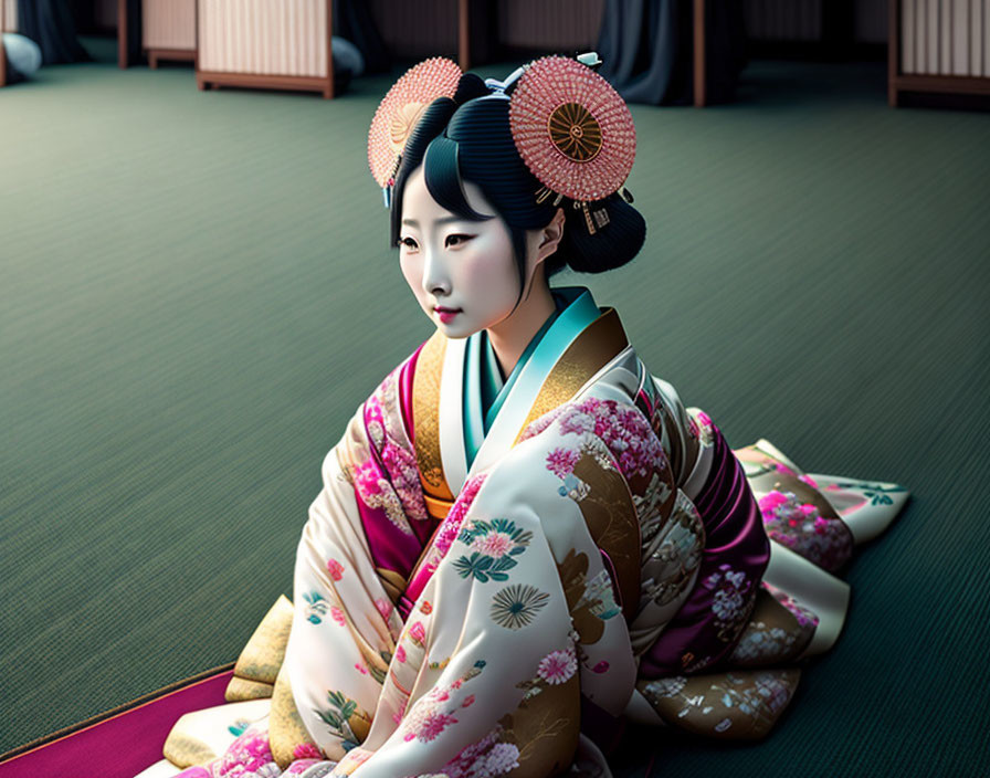 Traditional Japanese room with woman in elegant kimono