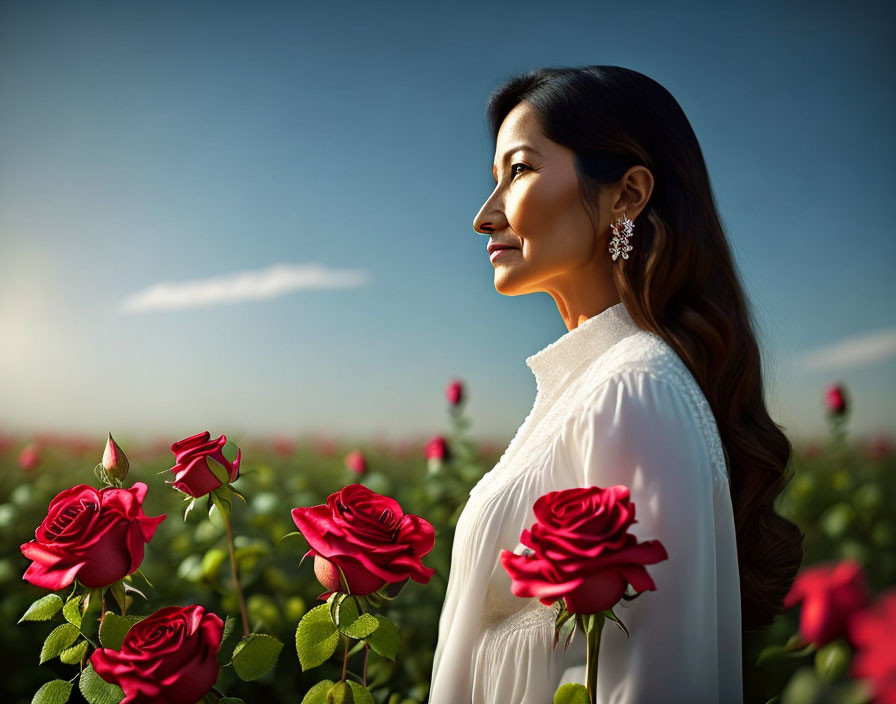 Woman in White Blouse Surrounded by Red Roses in Sunny Field