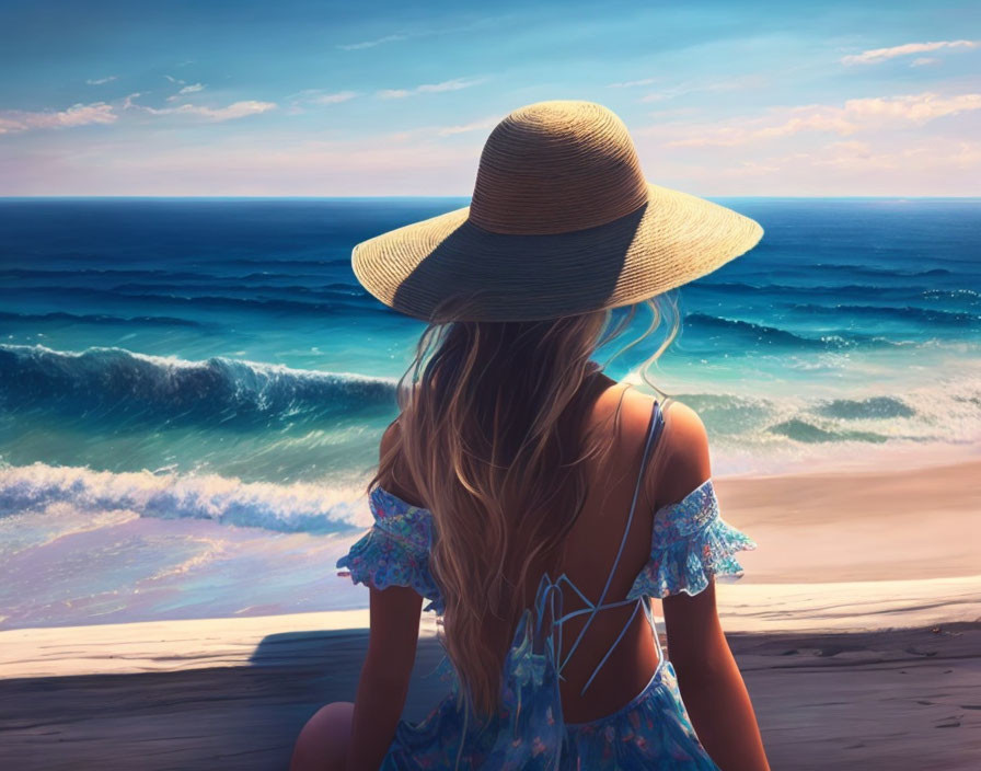 Woman in sunhat and blue dress sitting on beach, gazing at waves