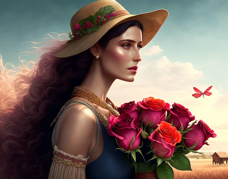 Digital artwork: Woman with wavy hair, floral hat, roses bouquet, butterfly, rural backdrop