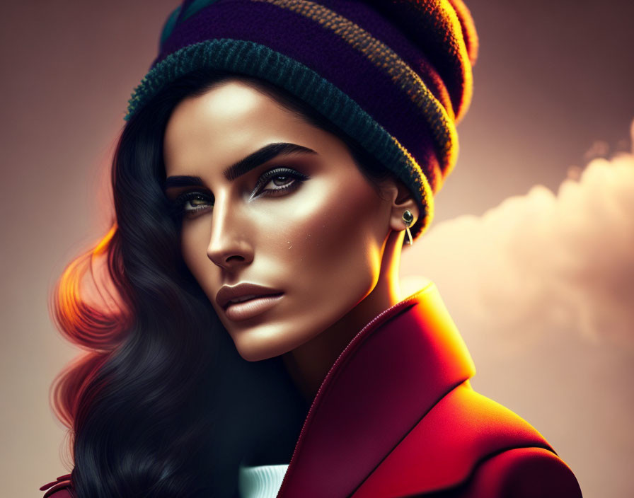 Vibrant woman illustration in red outerwear and beanie against cloudy background