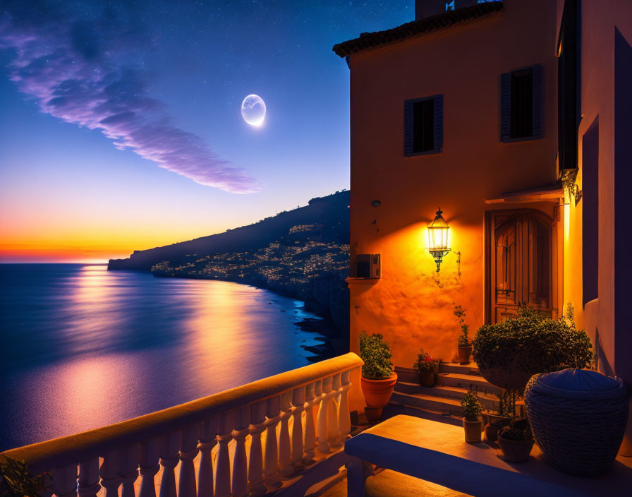 Serene balcony view of crescent moon, starry sky, and ocean at sunset