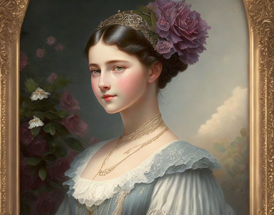 Classical portrait of young woman with serene expression and purple flower headpiece in blue dress