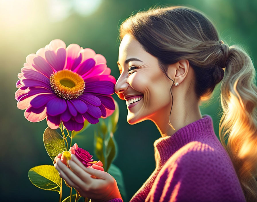 Smiling woman with pink flower in sunlight