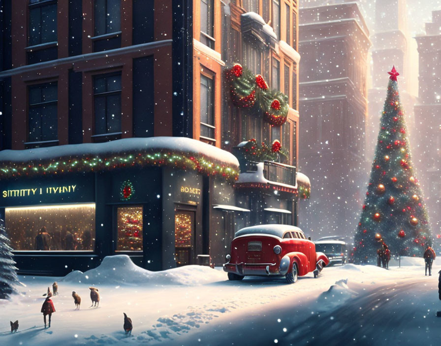Winter scene: snow-covered street, vintage car, pedestrians, Christmas tree, festive buildings.
