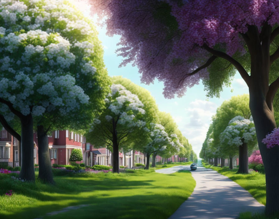 Tranquil suburban street with blooming pink and white trees