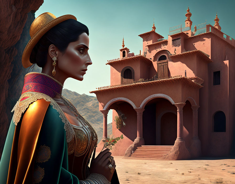 Digital artwork: Woman in traditional attire with hat, looking at ornate desert building