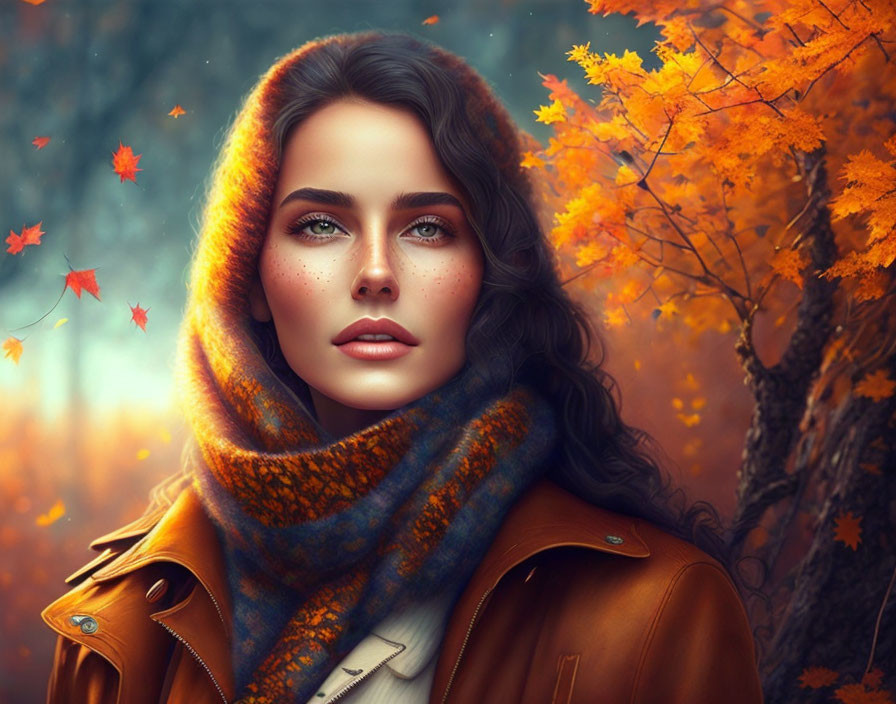 Woman with Blue Eyes and Freckles in Orange Scarf in Autumn Setting