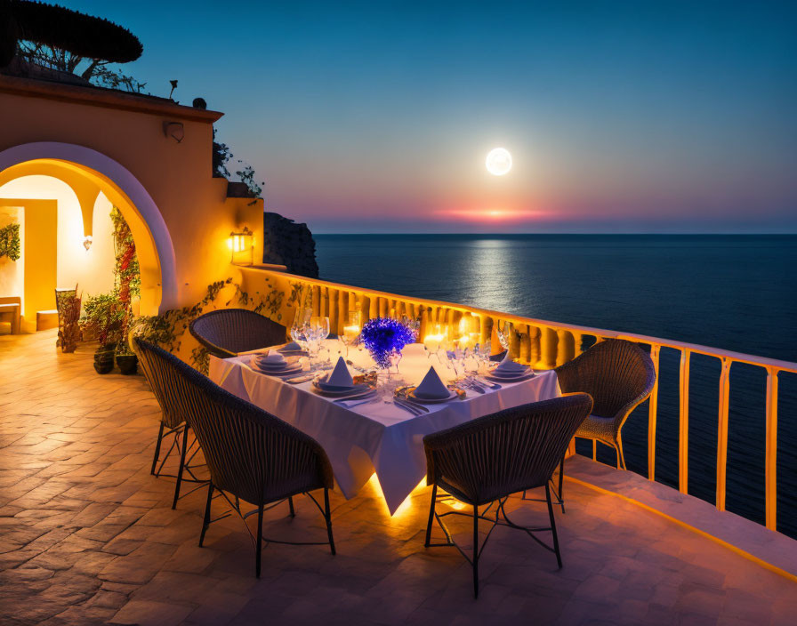 Twilight outdoor dining setup overlooking ocean at moonrise