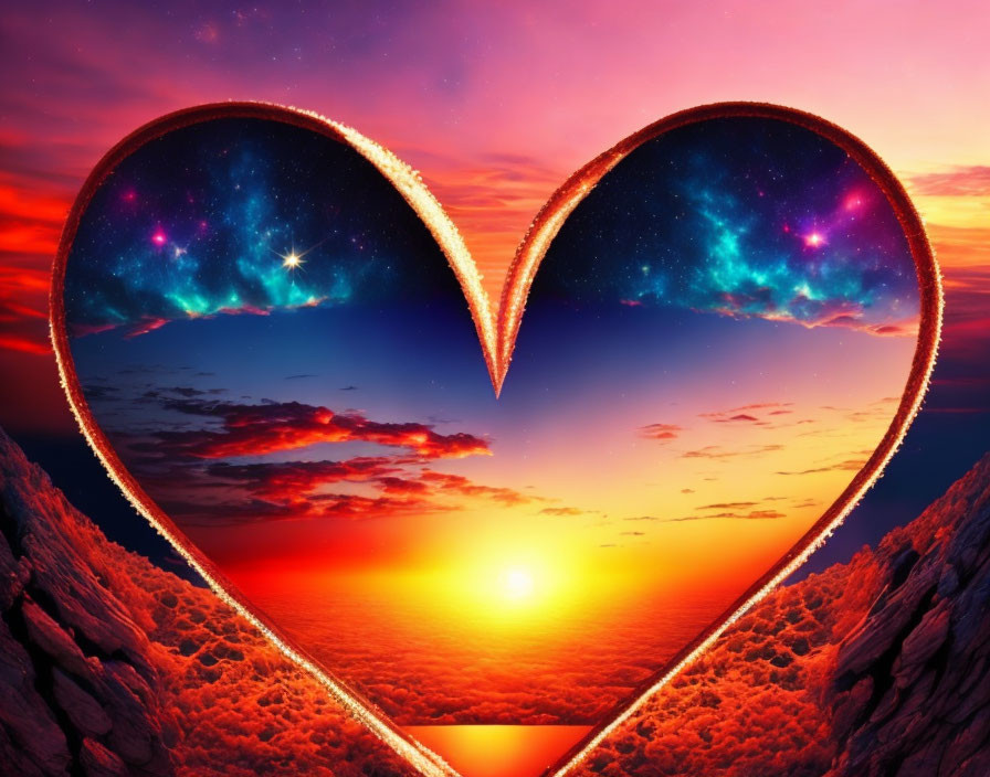 Heart-shaped cutout frames vibrant ocean sunset and starry night sky