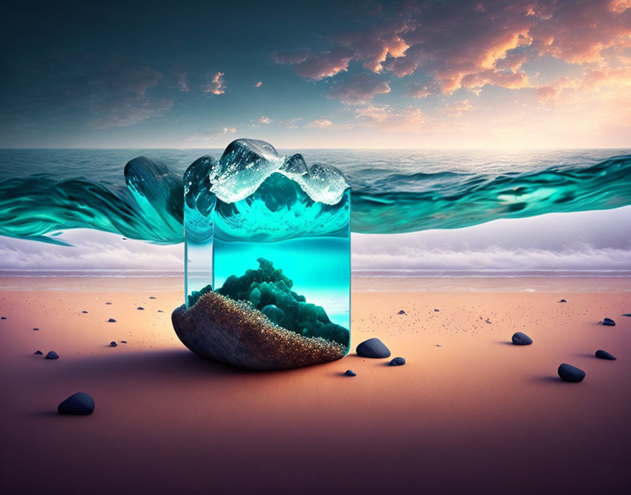 Cube Filled with Ocean Water on Beach at Sunset