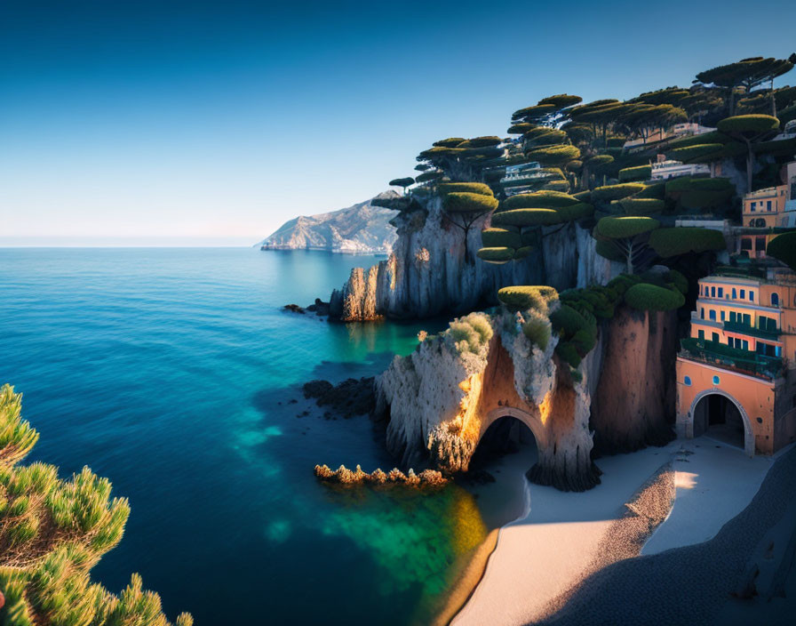 Turquoise waters, sandy beach, rocky cliffs, green trees, and buildings by the sea