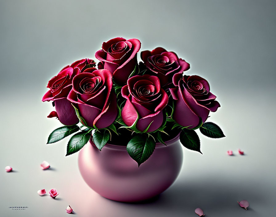 Red Roses Bouquet in Pink Vase on Grey Background