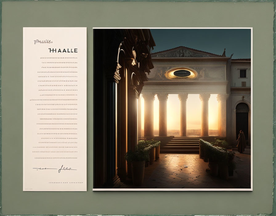 Classical building with columns in warm sunlight next to text spread