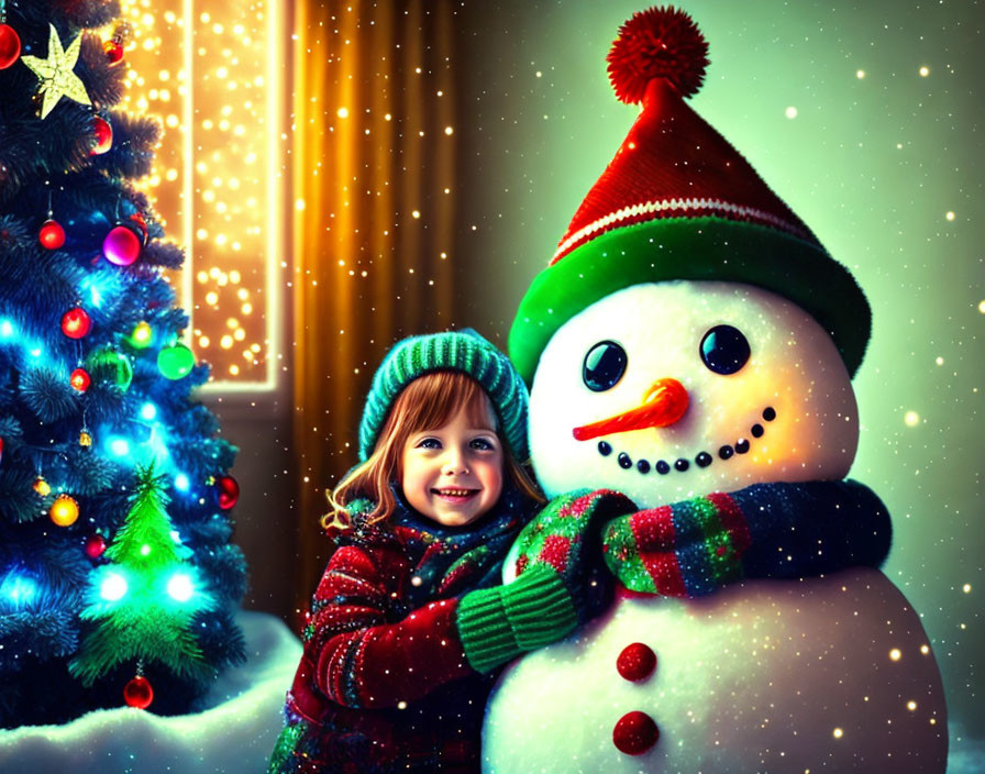 Young girl in green hat hugging snowman by Christmas tree in snow.