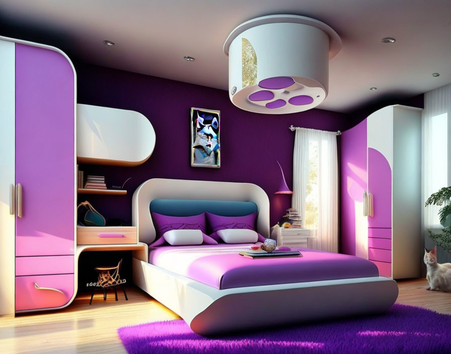 Modern Bedroom with Purple Walls, White & Pink Bed, Lavender Rug & Chic Decor