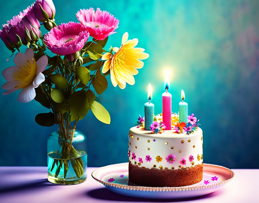 Birthday cake with lit candles and flowers on plate, next to vase with fresh flowers on blue background