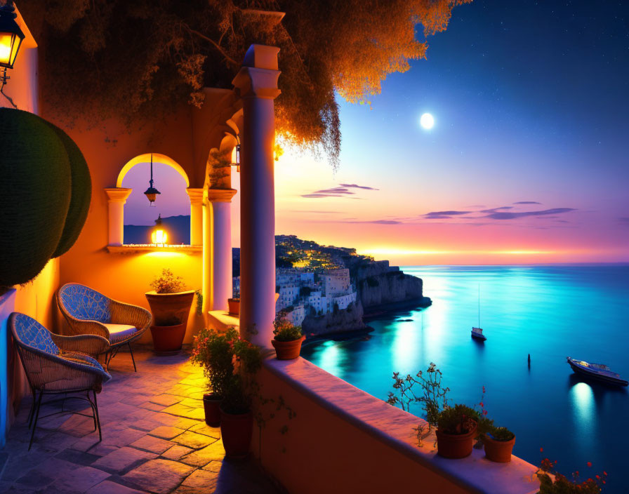 Scenic terrace view of sea, cliffs, full moon, and warm lighting