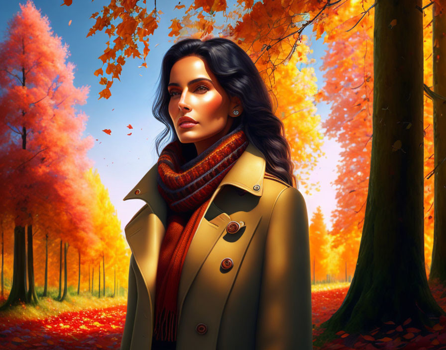 Dark-haired woman in trench coat and scarf in vibrant autumn forest