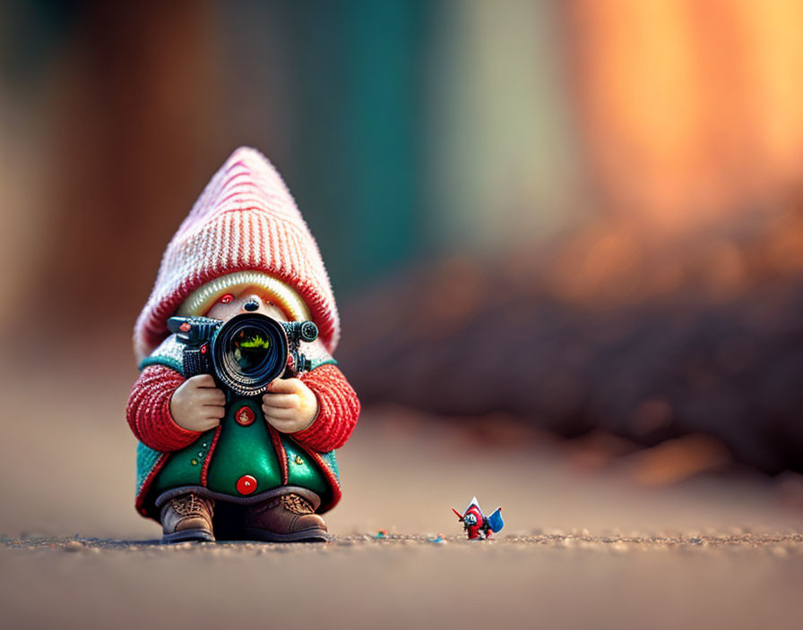 Whimsical garden gnome with camera in hand on path, miniature figure nearby