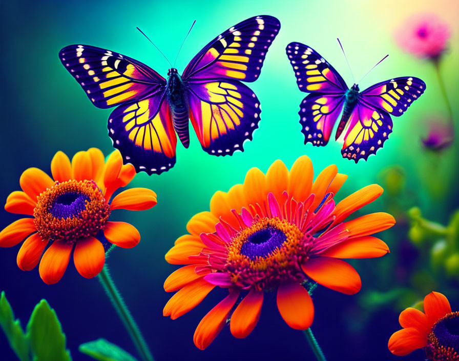 Colorful Butterflies on Orange Gerbera Daisies Against Teal Background