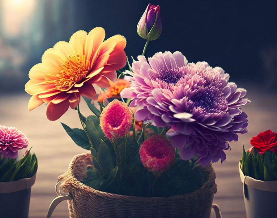 Colorful Mixed Flower Bouquet in Basket with Soft-focus Background