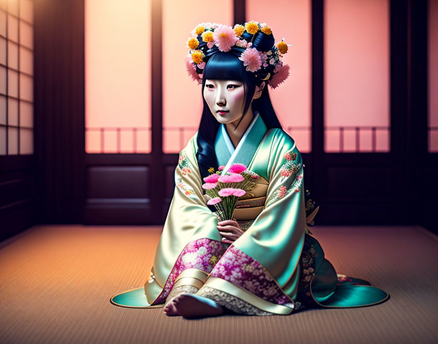 Traditional Japanese attire person with floral headpiece holding pink flower indoors