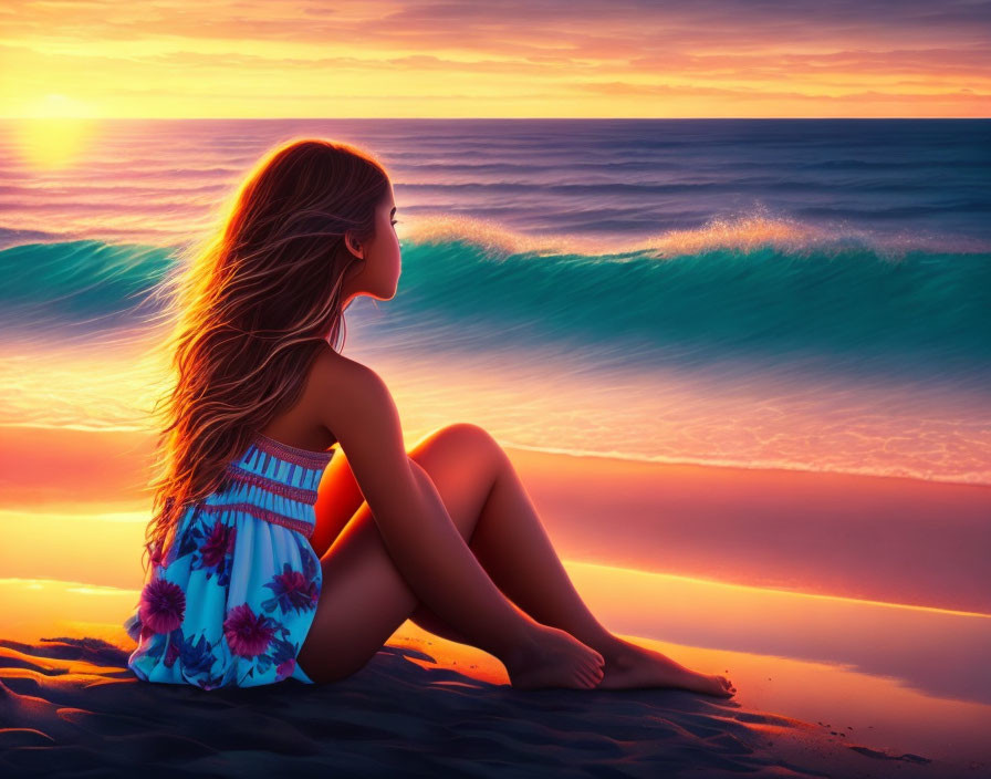 Woman in floral dress gazes at ocean waves on sandy beach at sunset